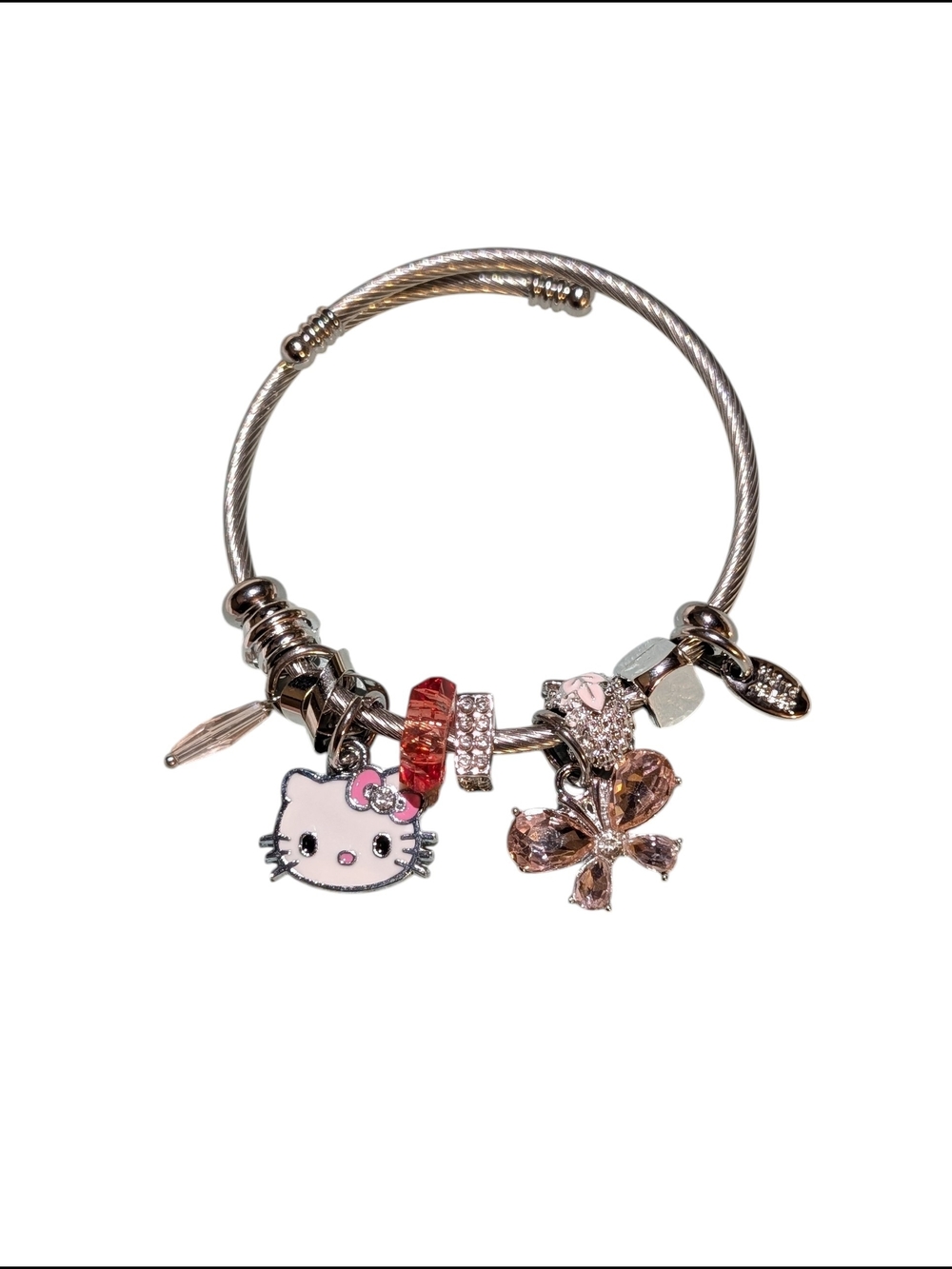 Hello Kitty Silver Tone Bangle with Pink and Rose Gold Charms
